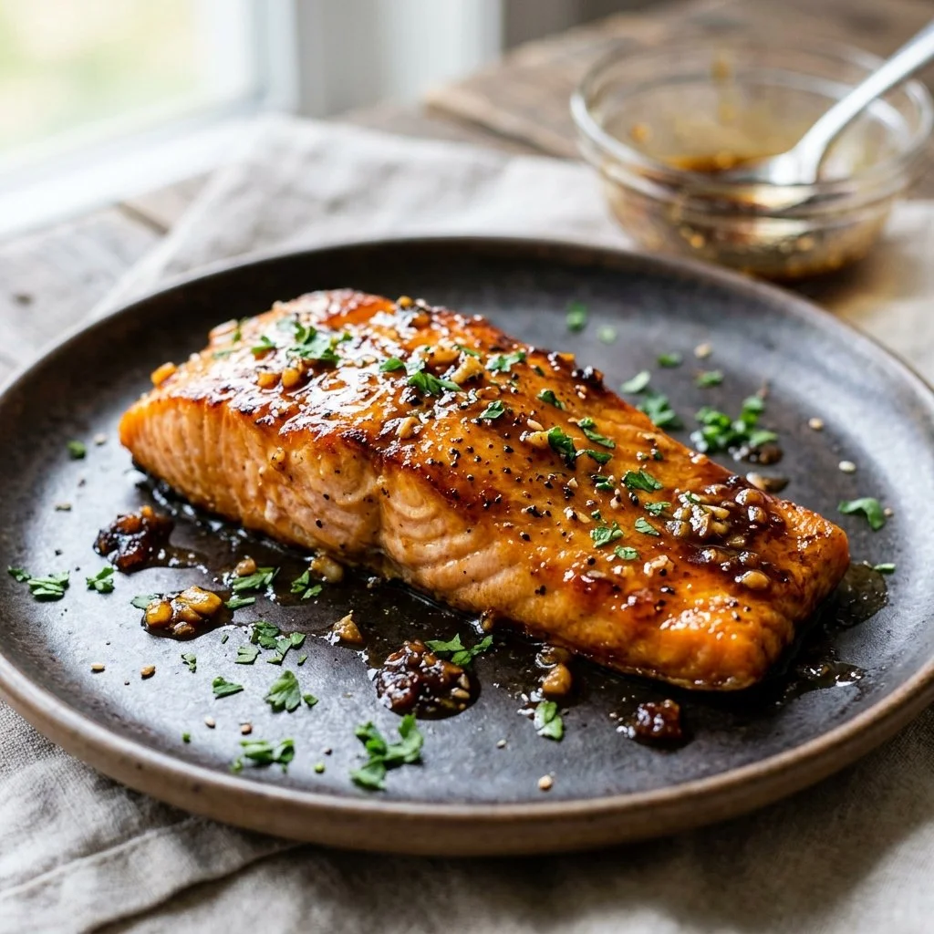 A plate of honey garlic salmon garnished with green onions and sesame seeds