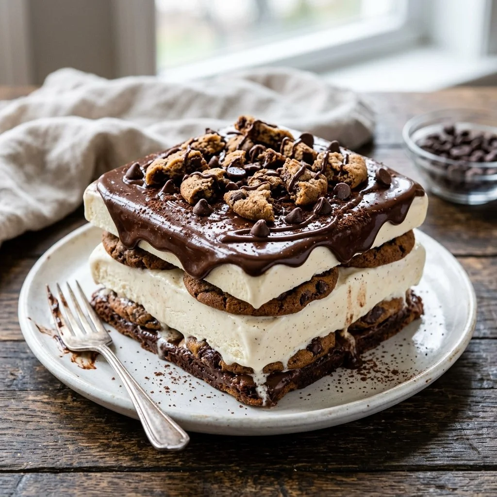 Ice Cream Sandwich Cake topped with chocolate drizzle and sprinkles