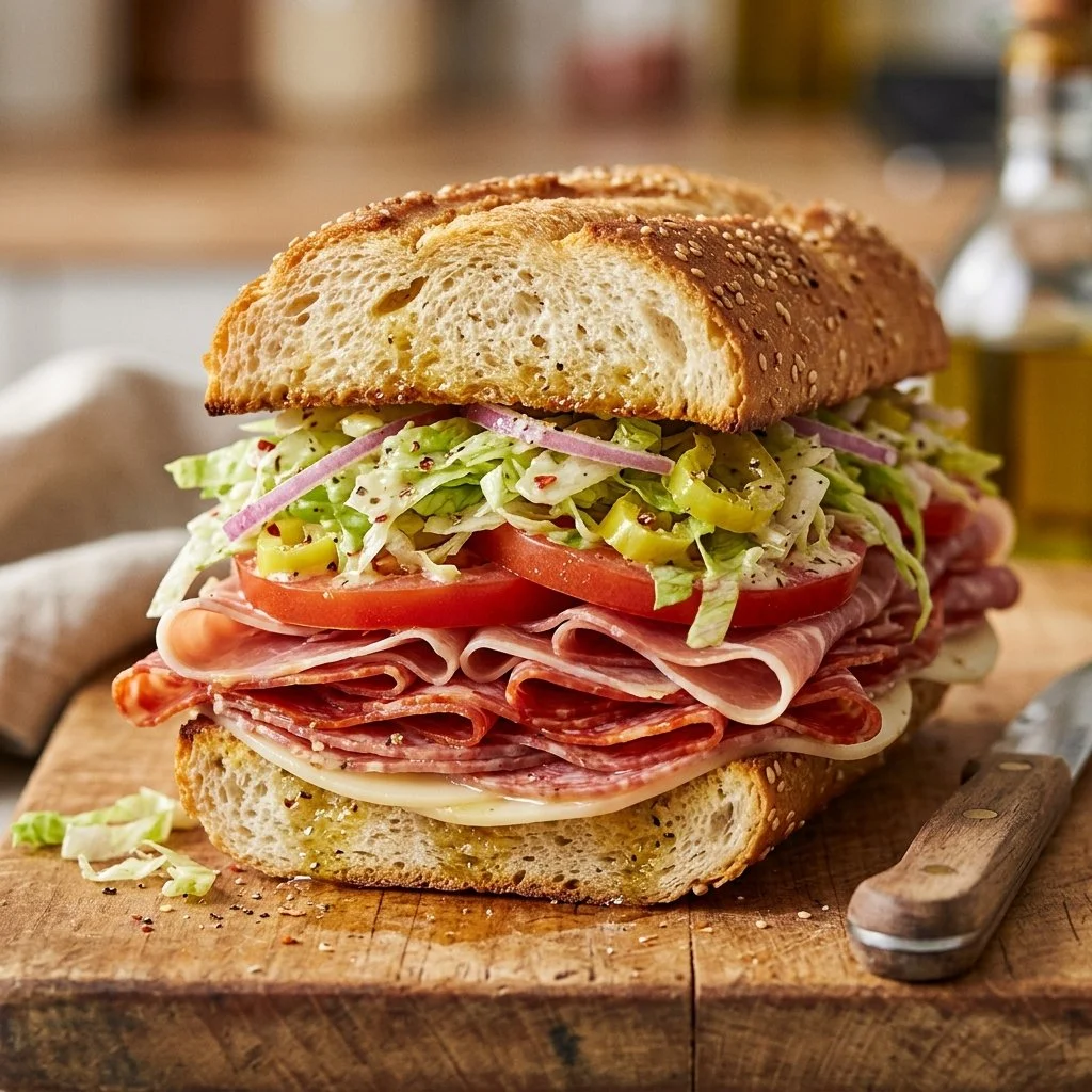 Italian Grinder sandwich filled with meats, cheeses, and fresh vegetables