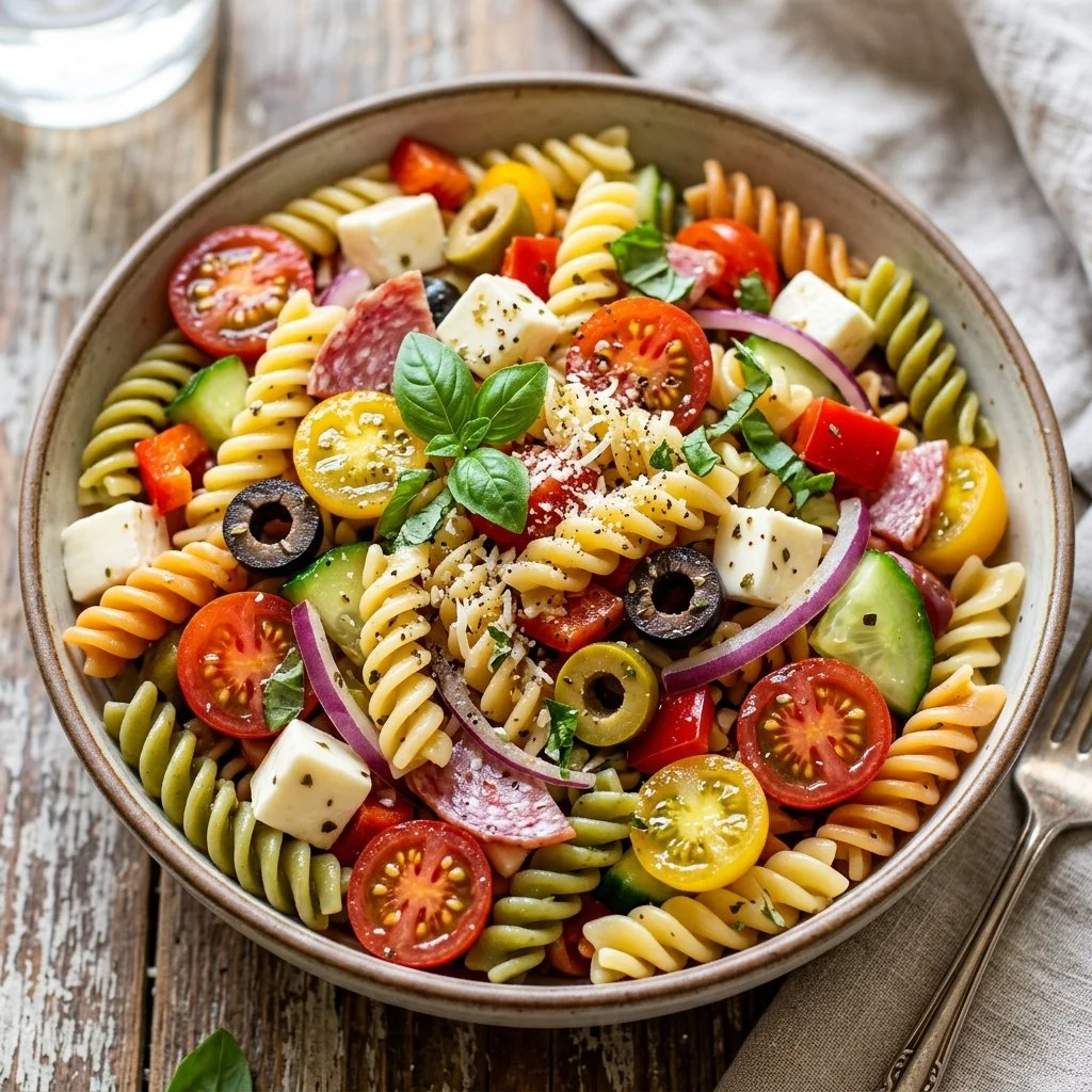 Colorful Italian Pasta Salad with vegetables and dressing in a bowl