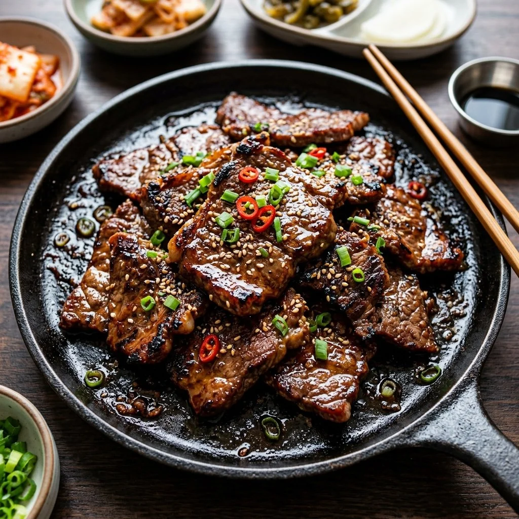 Delicious Korean BBQ Beef served on a grill with vibrant vegetables.