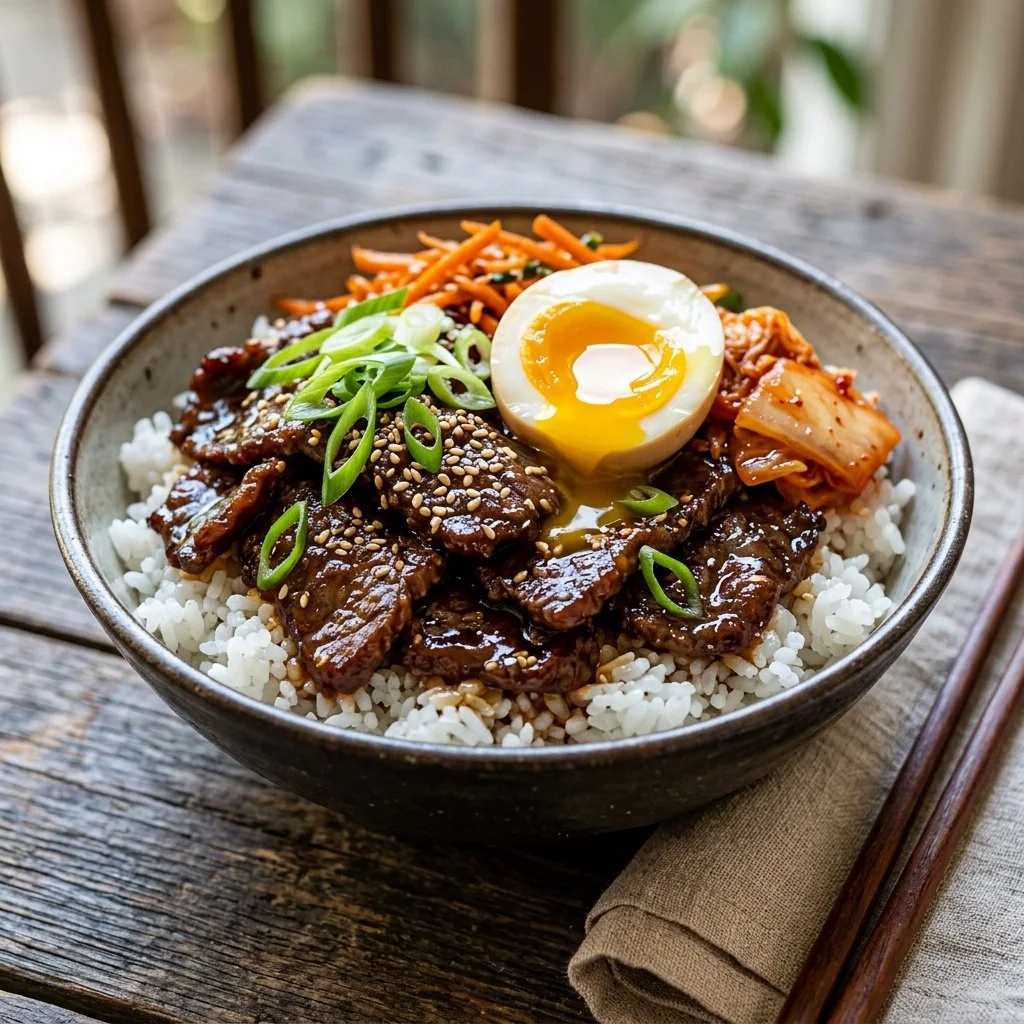 A delicious bowl of Korean beef topped with vegetables and sesame seeds