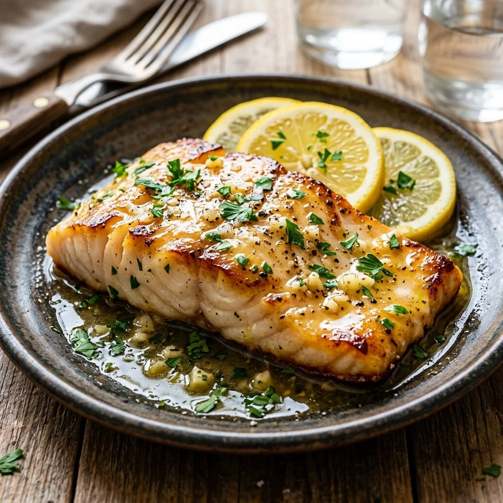 Lemon Butter Cod fillets garnished with fresh herbs and lemon slices