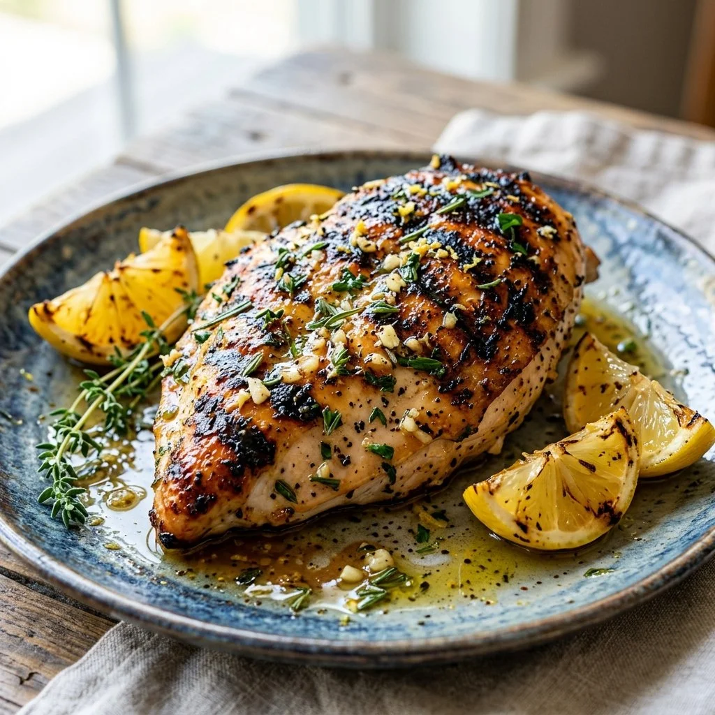 Plate of Lemon Herb Grilled Chicken garnished with herbs