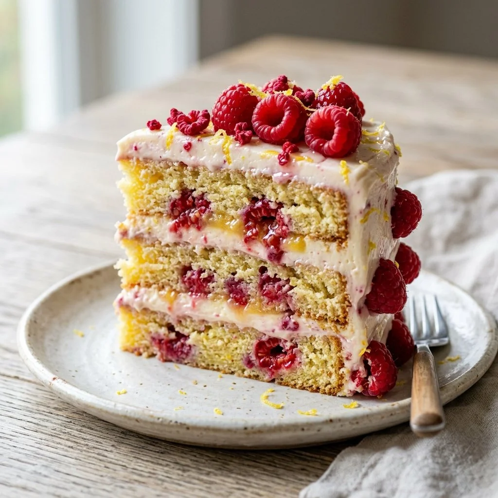 Lemon Raspberry Cake with vibrant decorations and fresh raspberries on top.