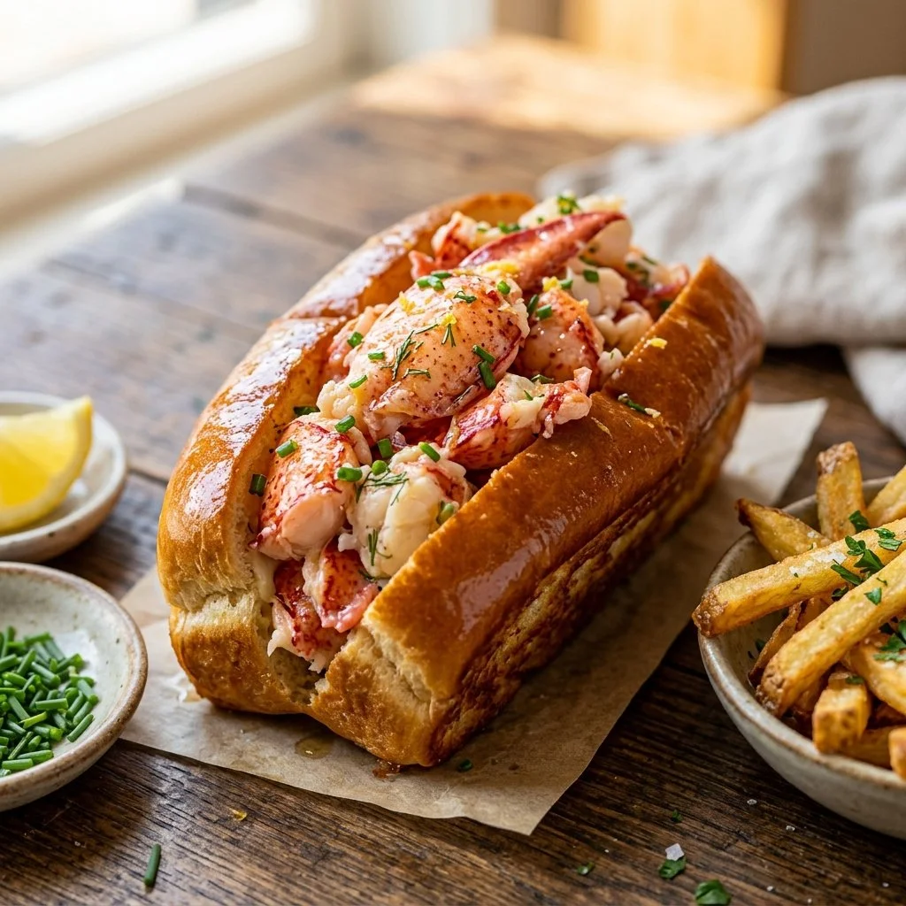 Delicious lobster roll filled with fresh lobster meat in a toasted bun.