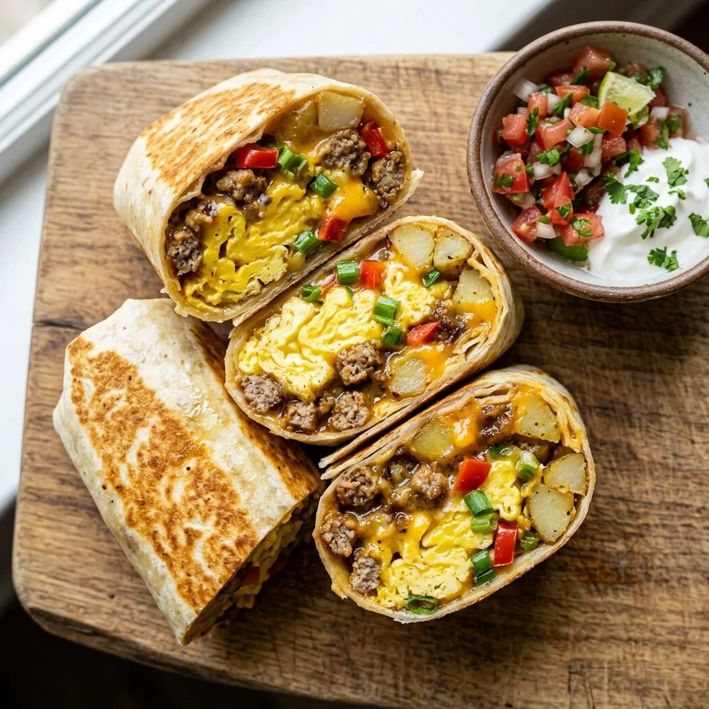 Make ahead breakfast burritos filled with eggs, cheese, and veggies