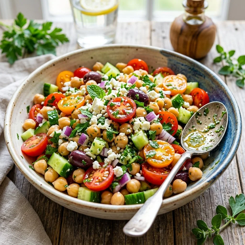 Mediterranean chickpea salad with fresh vegetables and herbs