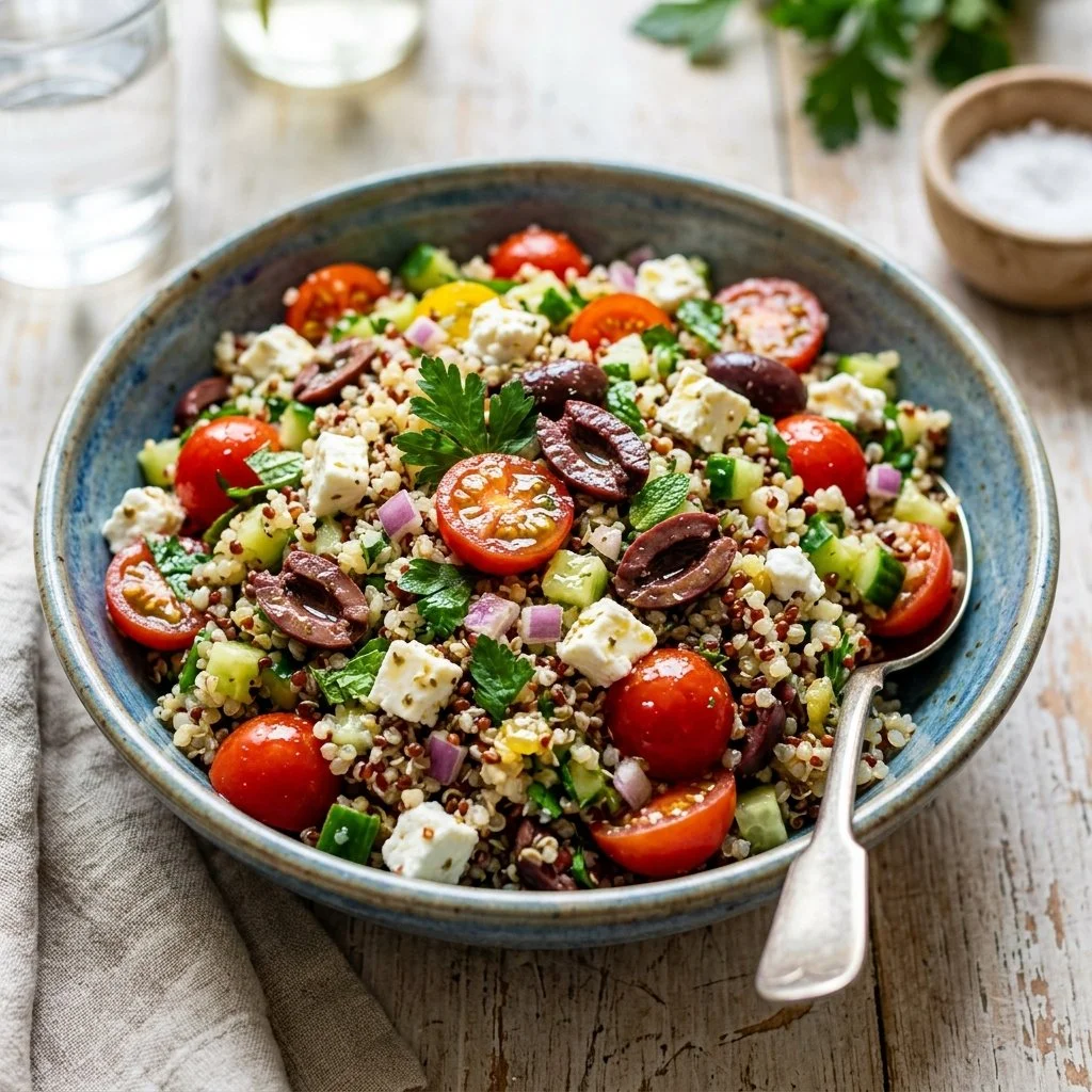 Mediterranean Quinoa Salad with colorful vegetables and dressing