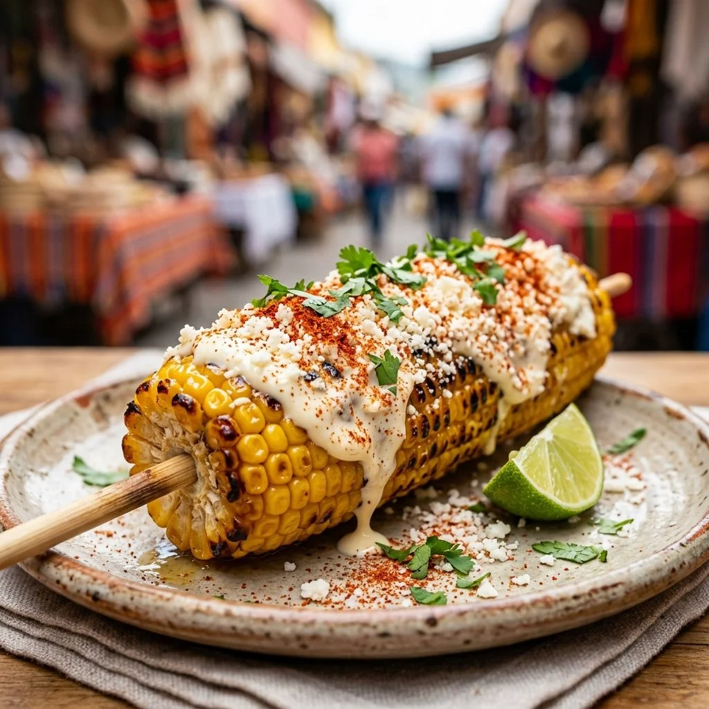 Delicious Mexican street corn topped with cheese and spices