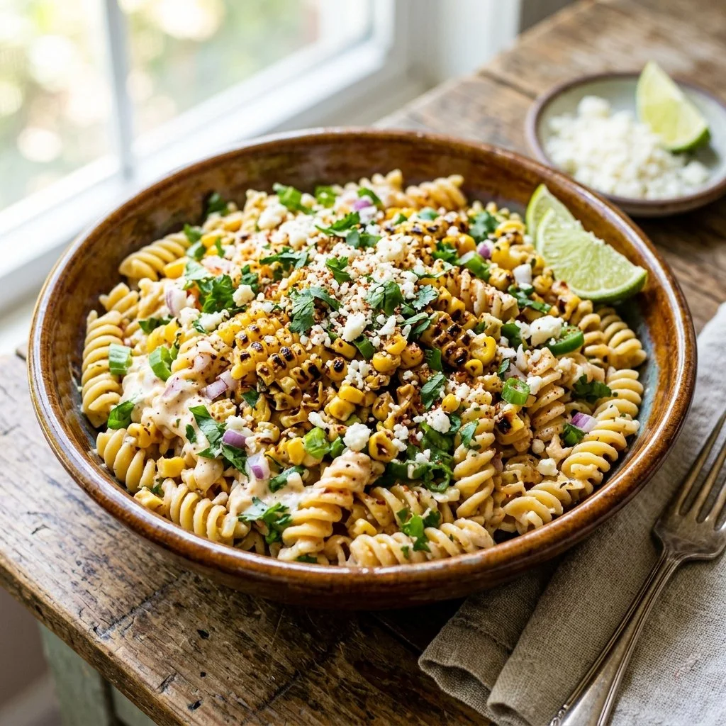 Colorful Mexican Street Corn Pasta Salad with fresh ingredients and vibrant colors