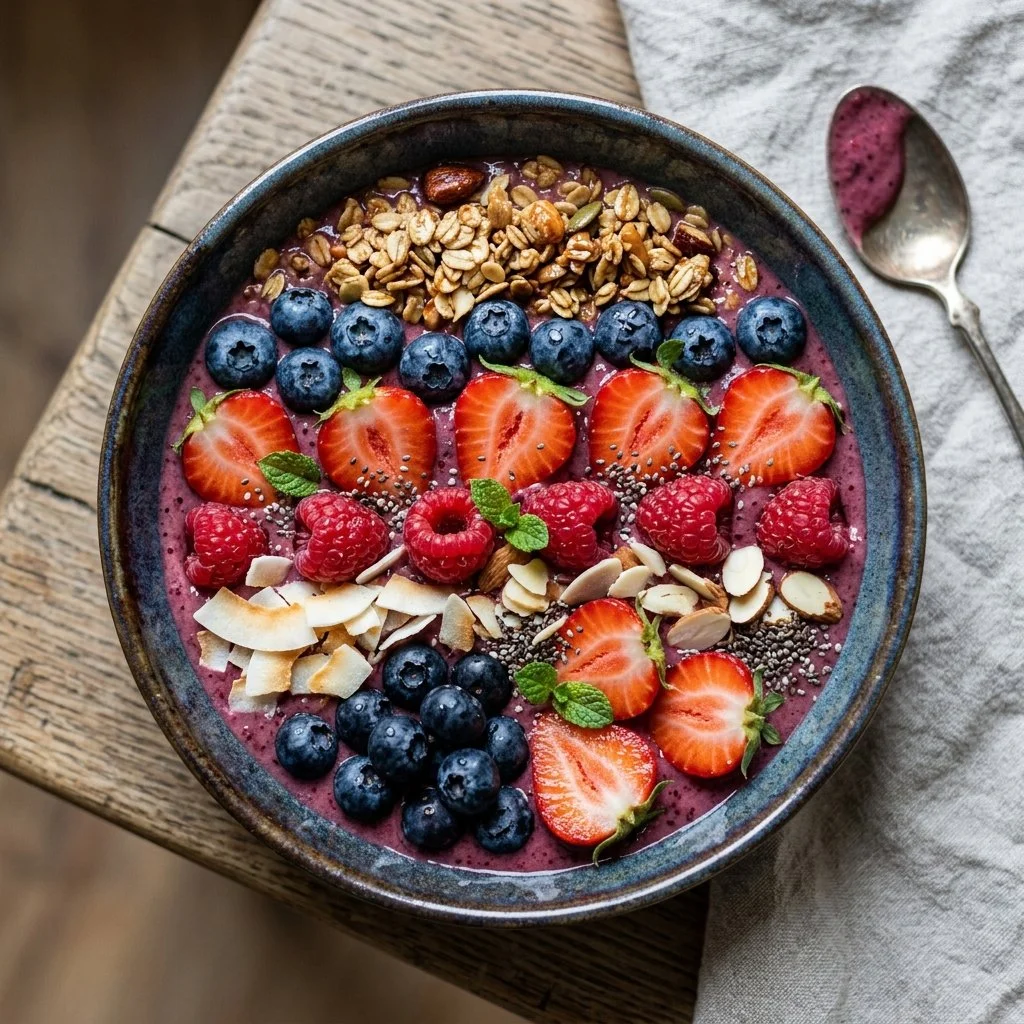 A colorful mixed berry smoothie bowl topped with fresh fruits and granola.