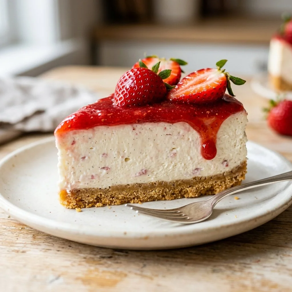 Delicious No Bake Strawberry Cheesecake topped with fresh strawberries