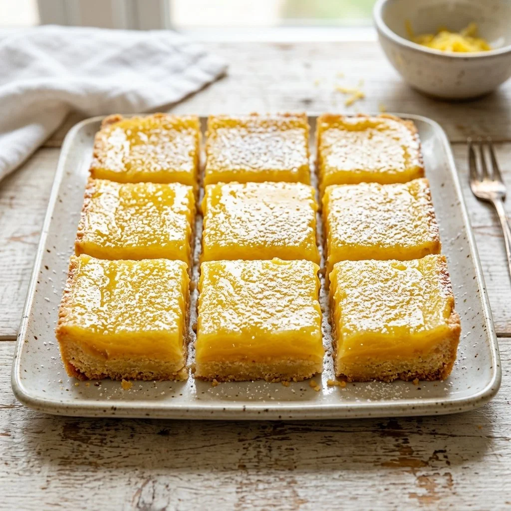 Delicious old fashioned lemon bars garnished with powdered sugar on a plate.