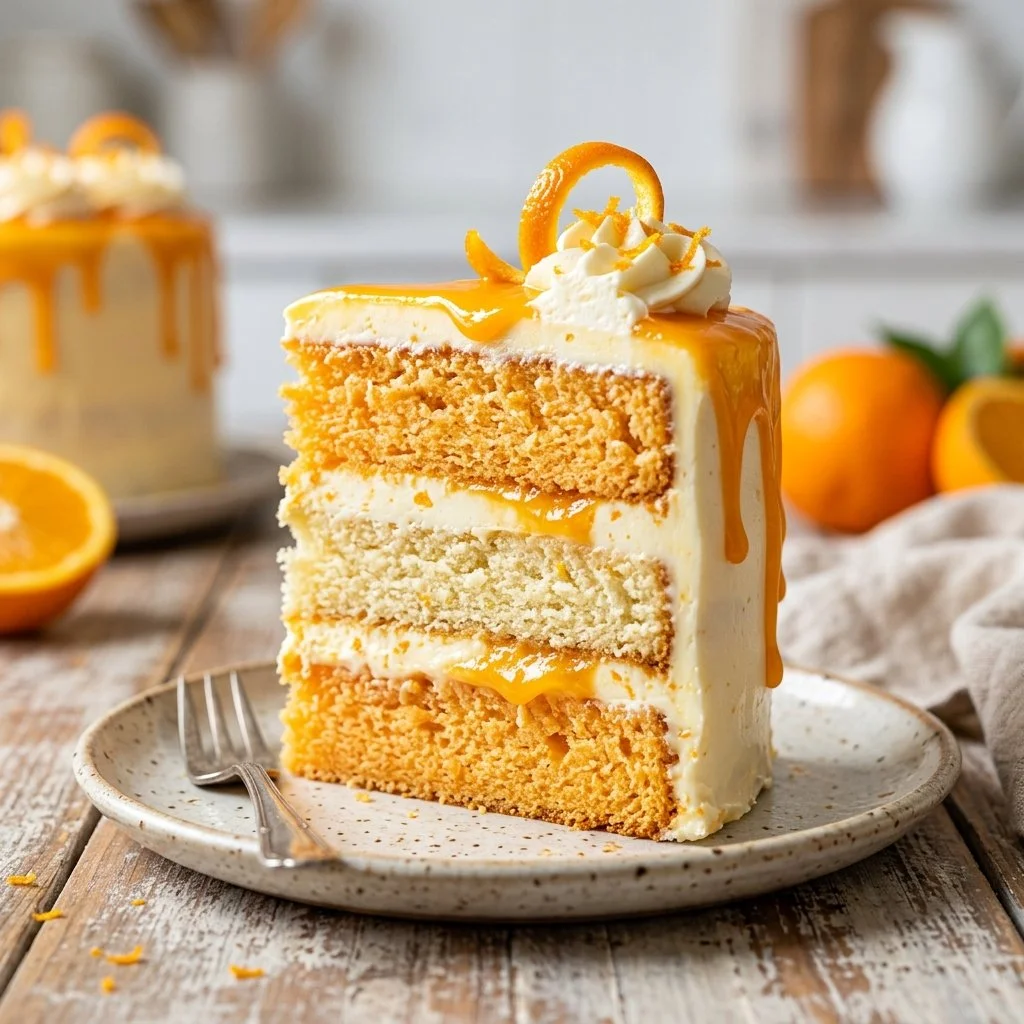 Delicious Orange Creamsicle Cake topped with orange frosting and orange slices.