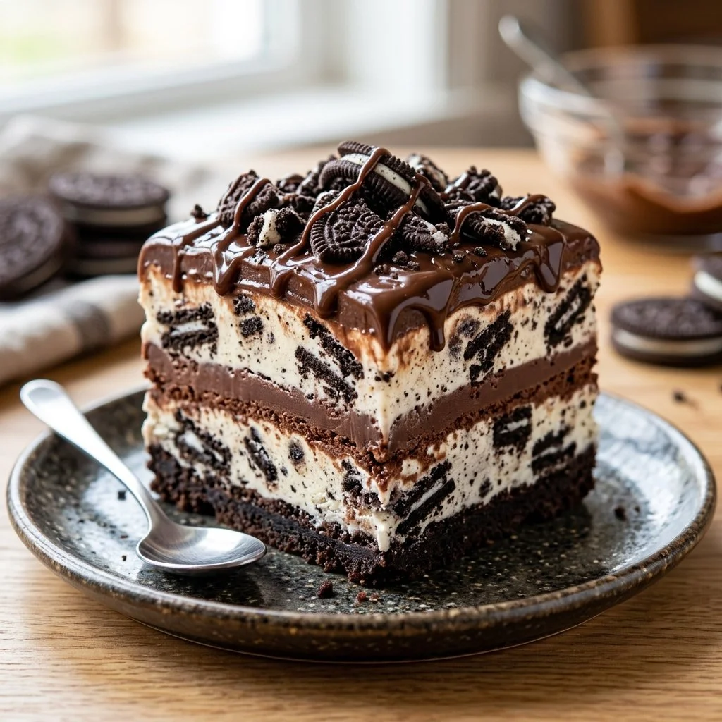 Oreo Ice Cream Cake topped with cookie crumbs and chocolate drizzle