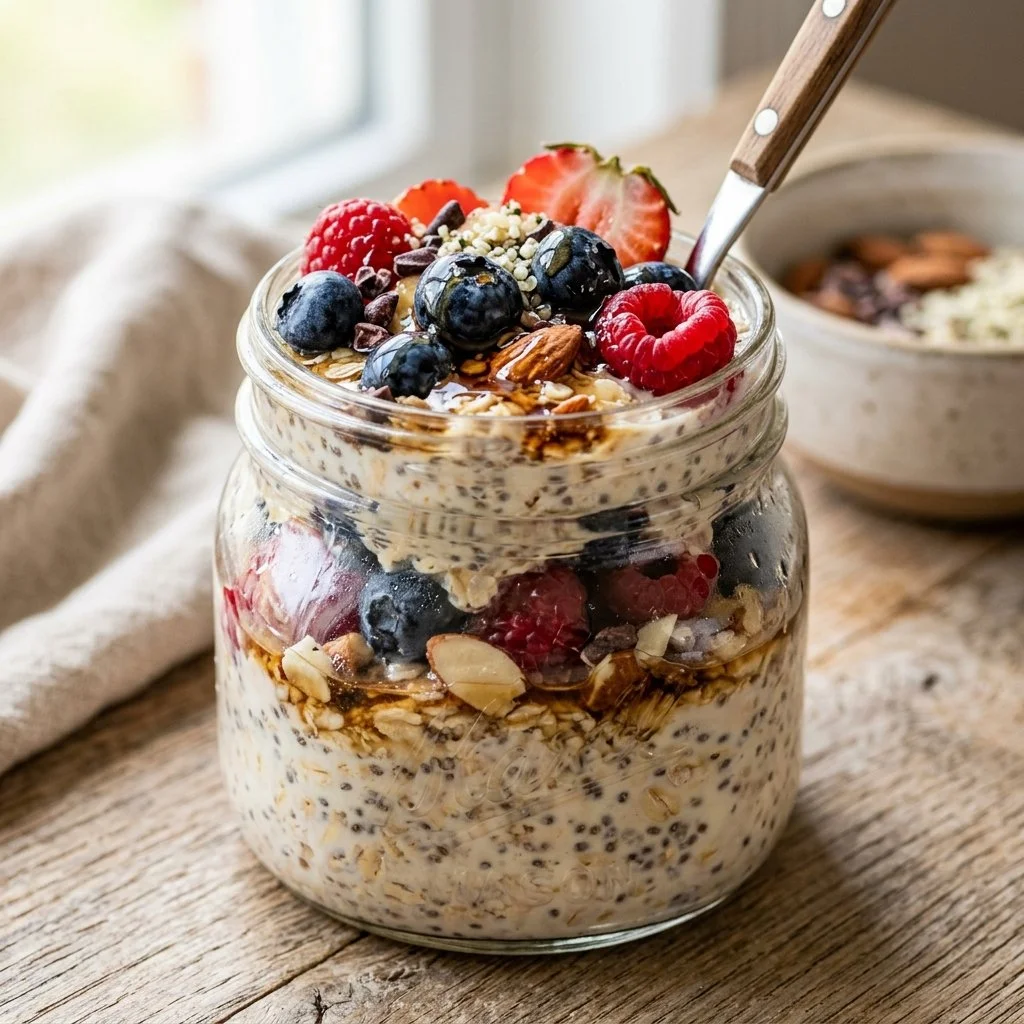 A bowl of vibrant overnight oats topped with fruits and nuts