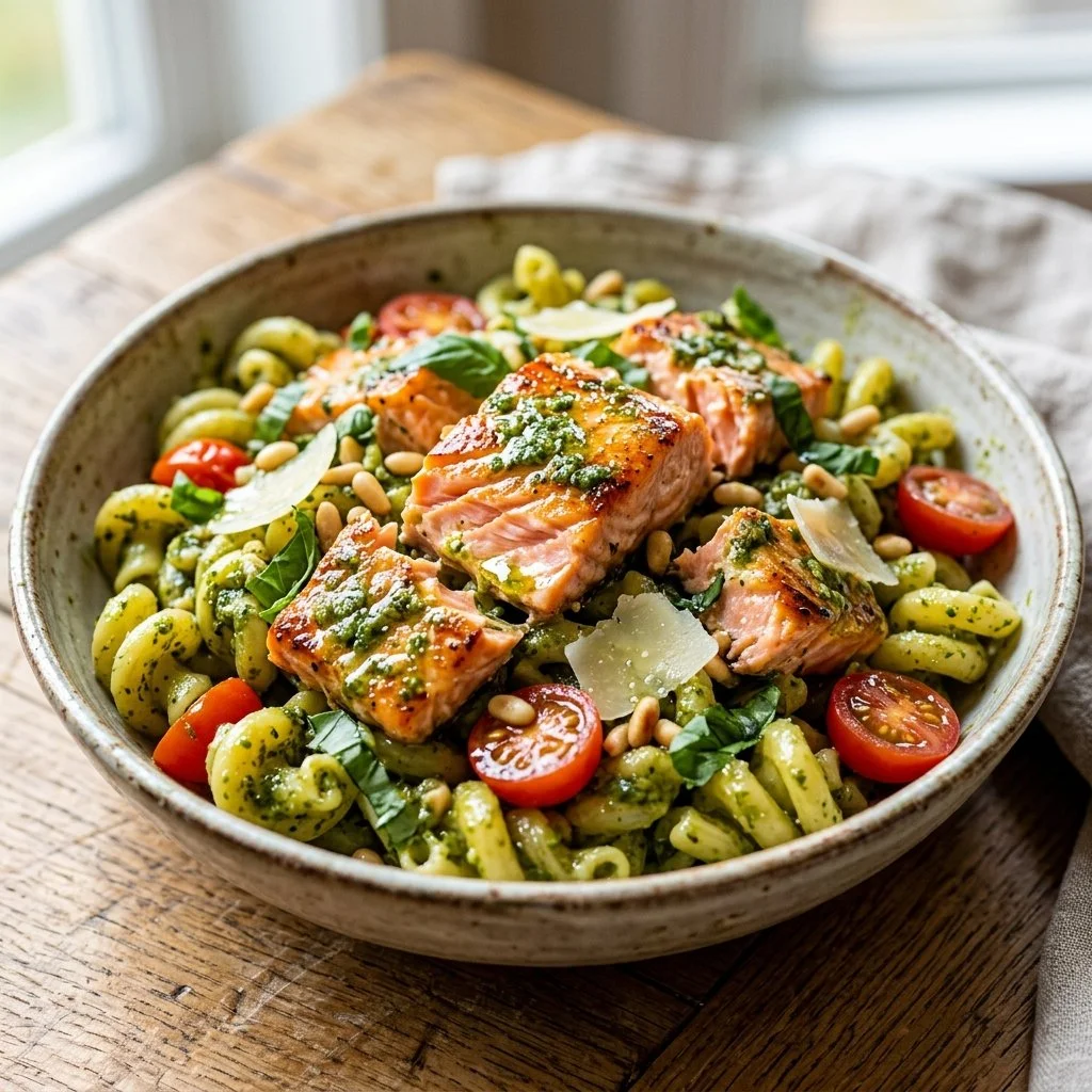 Pesto salmon pasta dish garnished with fresh herbs, served on a plate