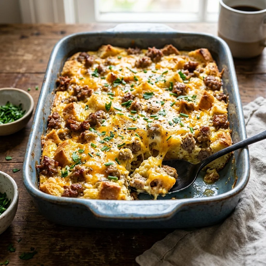 Delicious Sausage Breakfast Casserole topped with cheese and herbs