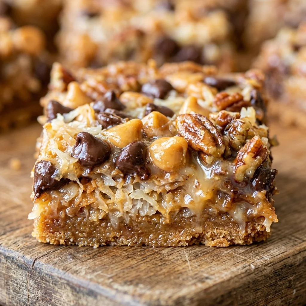 Delicious seven layer bars topped with chocolate and coconut
