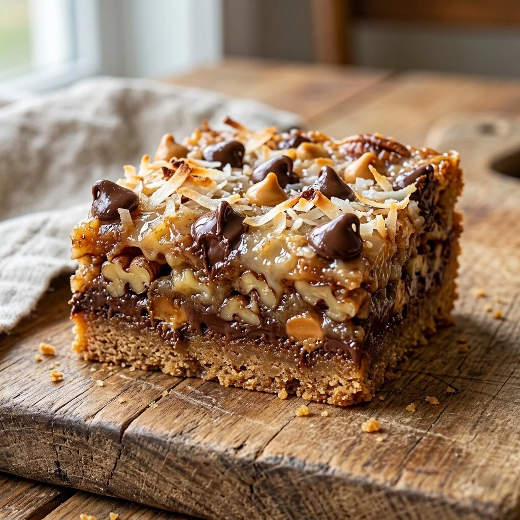 Delicious seven layer bars with chocolate and coconut layers