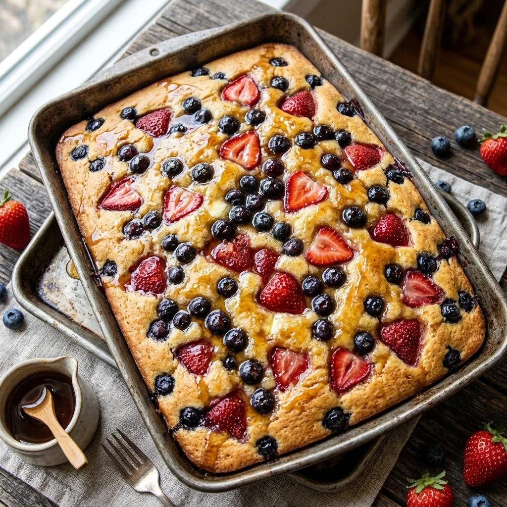 Fluffy sheet pan pancakes served with syrup and fresh berries