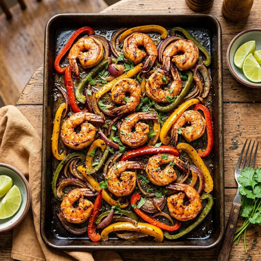 Colorful sheet pan shrimp fajitas with peppers and onions ready to serve