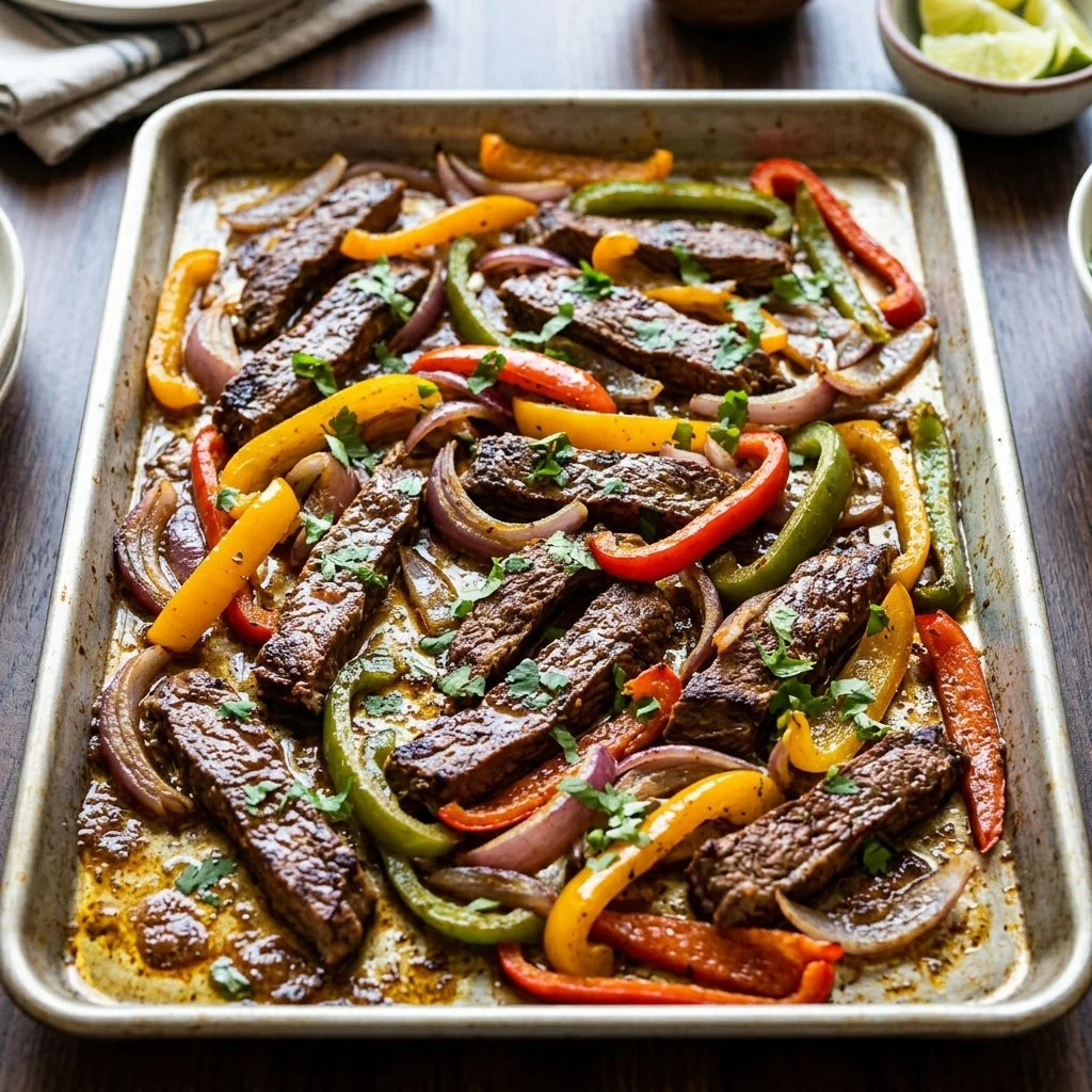 Sheet pan steak fajitas with vibrant bell peppers and onions
