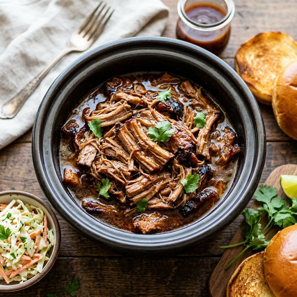 Delicious slow cooker pulled pork served with coleslaw and buns