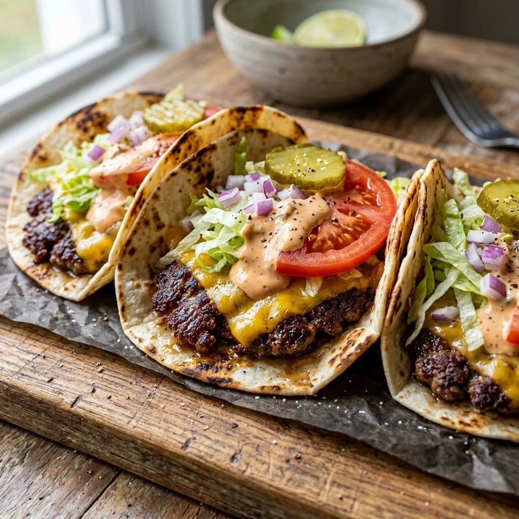 Delicious smash burger tacos served with toppings and sauces.