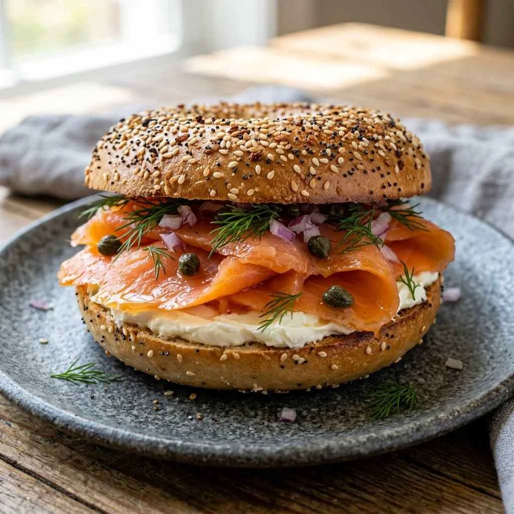 Delicious smoked salmon bagel topped with cream cheese and capers