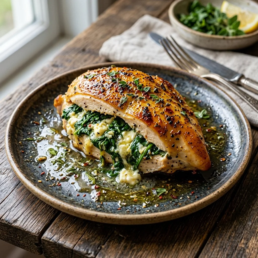 Spinach feta stuffed chicken with herbs and spices on a plate