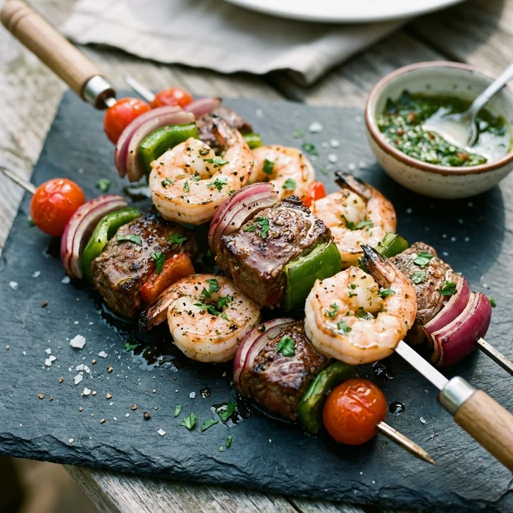Delicious Steak and Shrimp Kabobs grilled on skewers with vegetables.