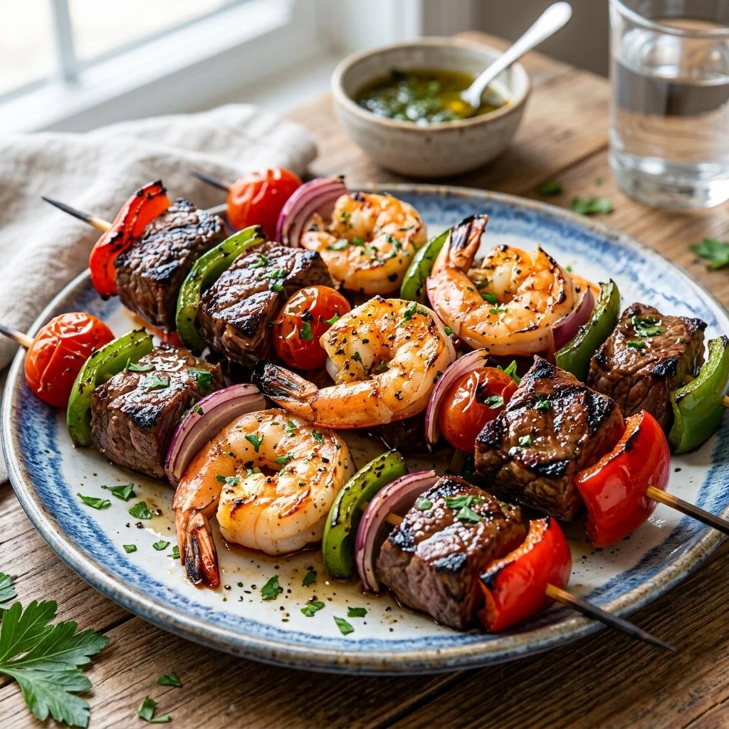 Delicious steak and shrimp kabobs grilled to perfection with vibrant vegetables