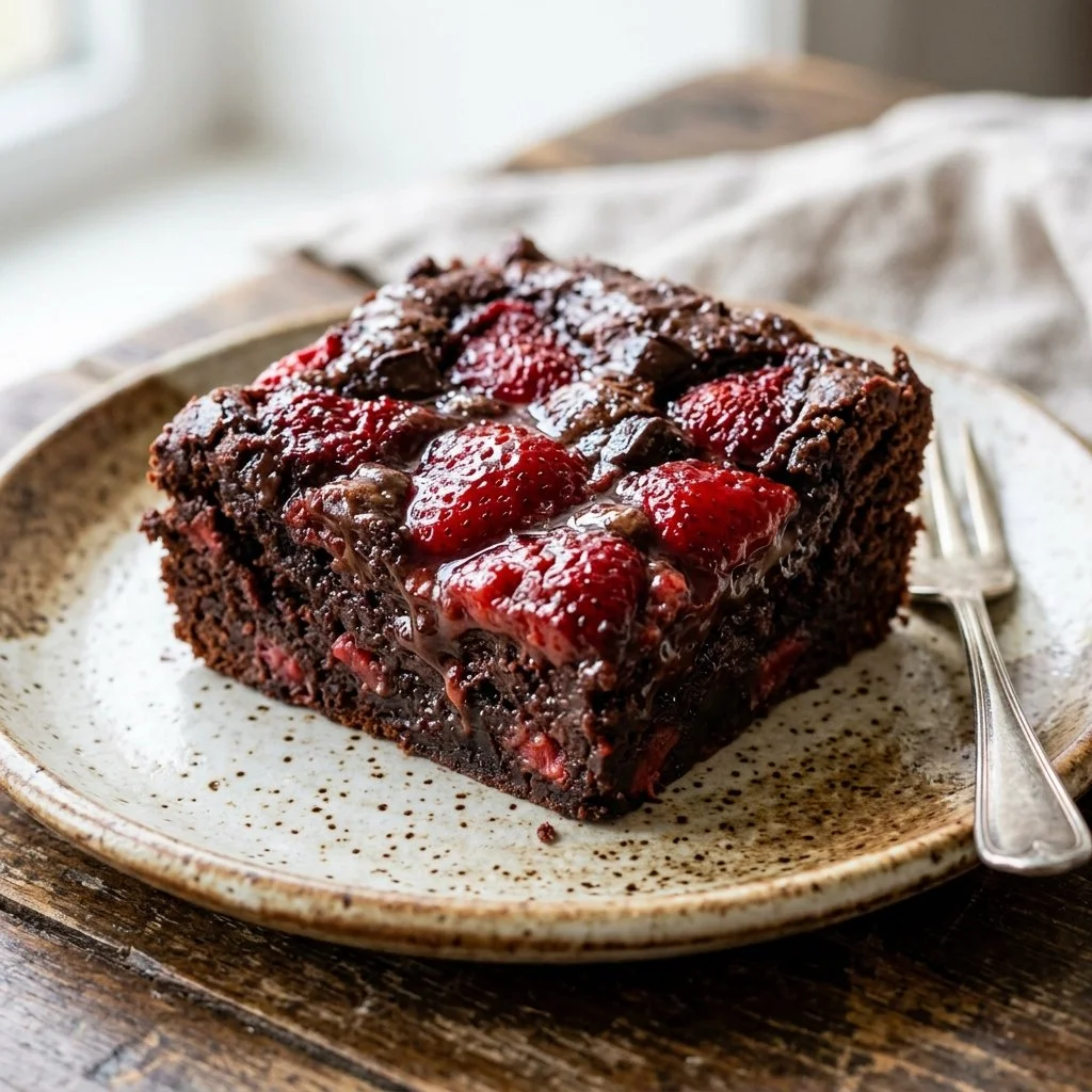 Delicious strawberry brownies topped with fresh strawberries and chocolate drizzle.