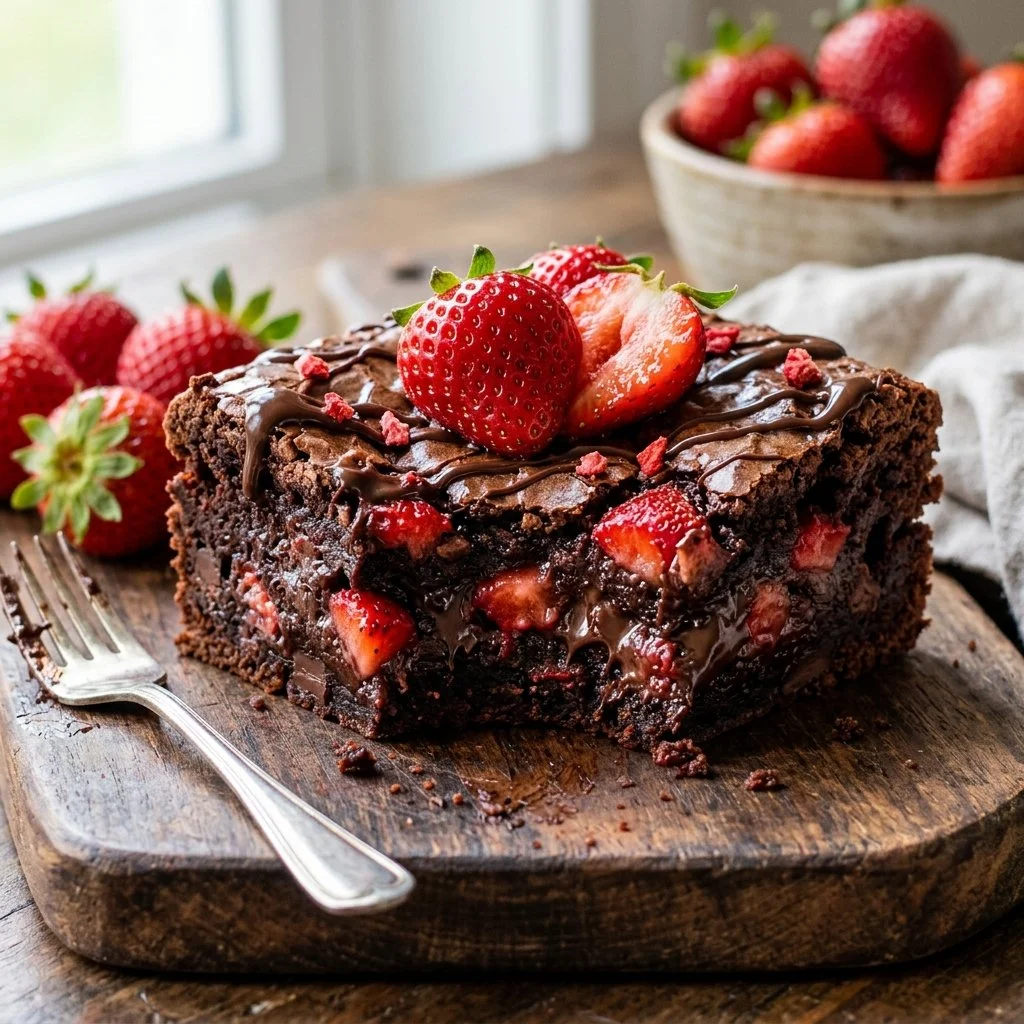 Freshly baked strawberry brownies with chocolate swirls on a white plate