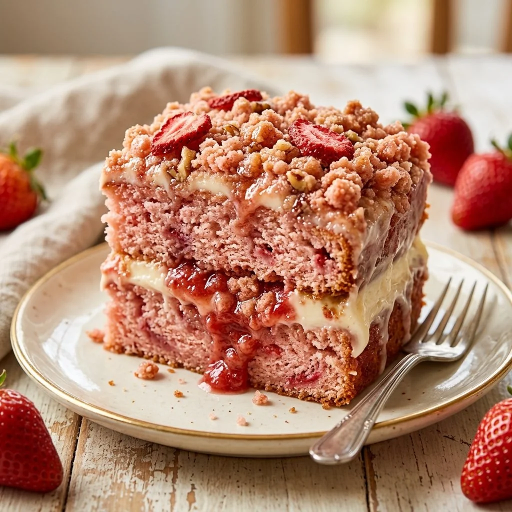 Delicious Strawberry Crunch Cake with a crunchy topping and fresh strawberries