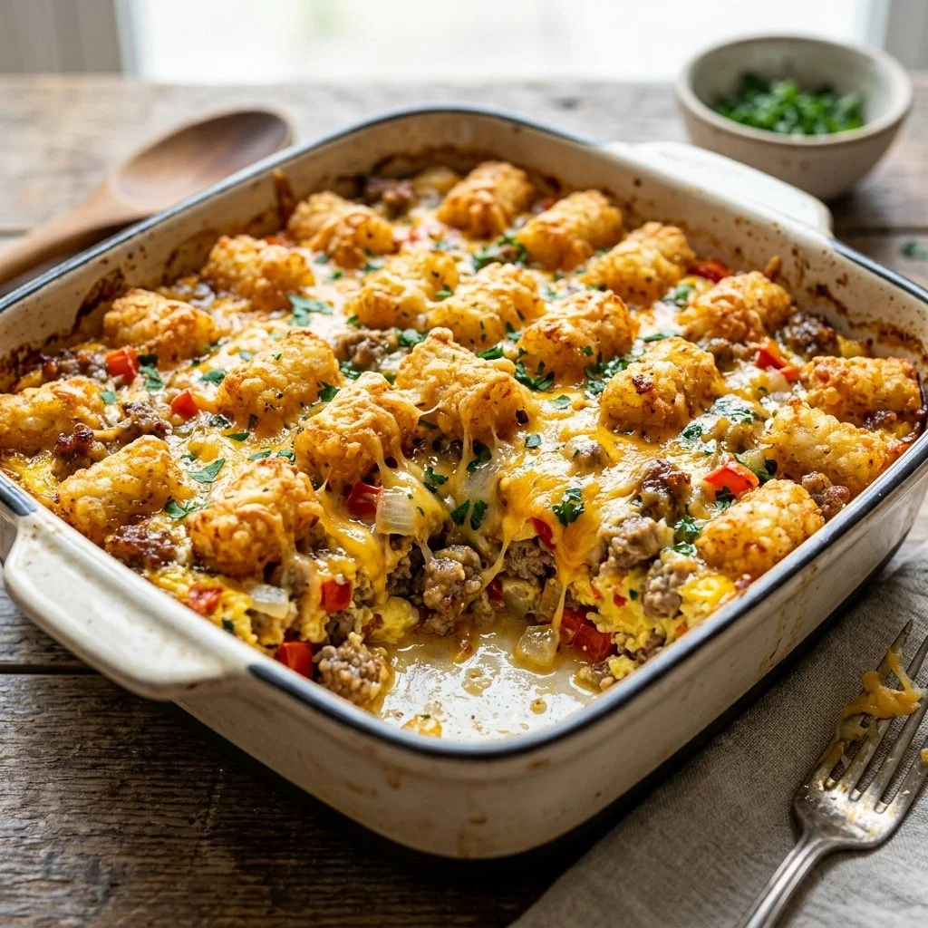 Tater Tot Breakfast Casserole topped with cheese and herbs served in a baking dish.
