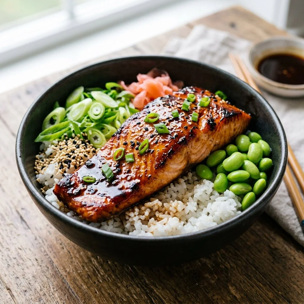 Delicious teriyaki salmon bowl with glazed salmon, rice, and vegetables.