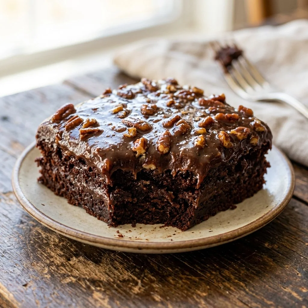 Delicious Texas Sheet Cake with chocolate frosting served on a wooden table.