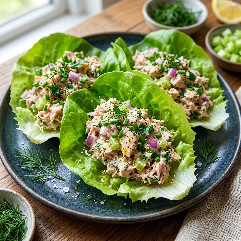 Tuna salad lettuce wraps served on a plate with fresh ingredients
