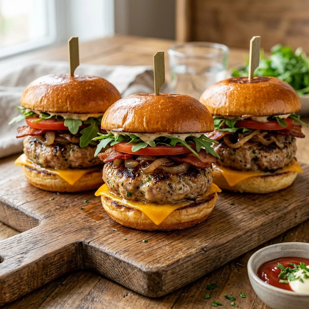 Delicious turkey burger sliders served with fresh toppings on a platter