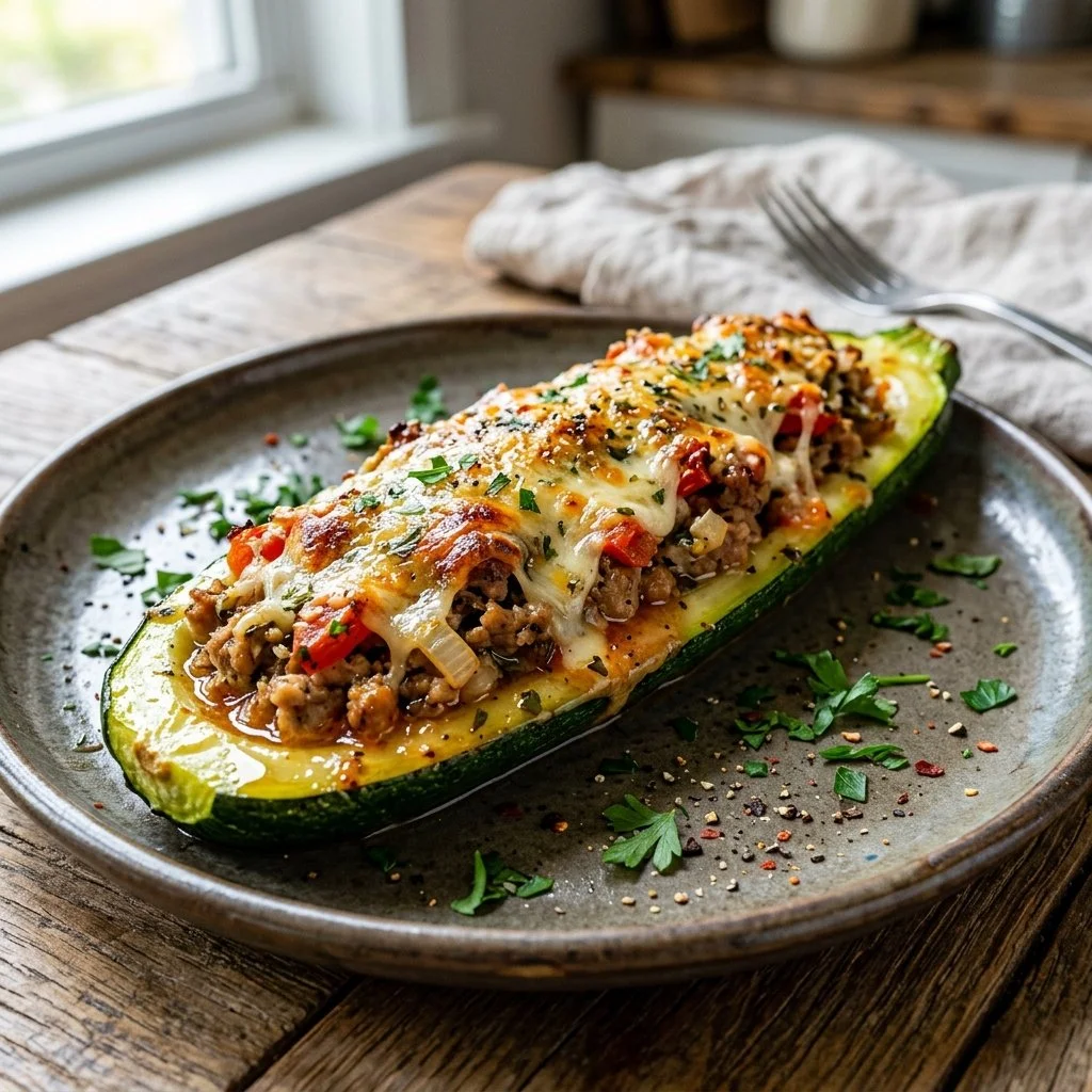 Turkey stuffed zucchini boats topped with cheese on a plate