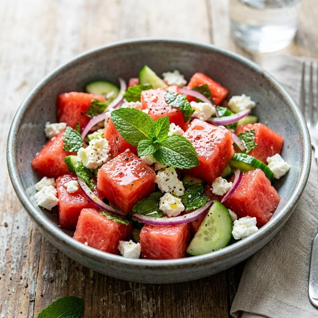 Colorful Watermelon Feta Salad with mint and balsamic glaze
