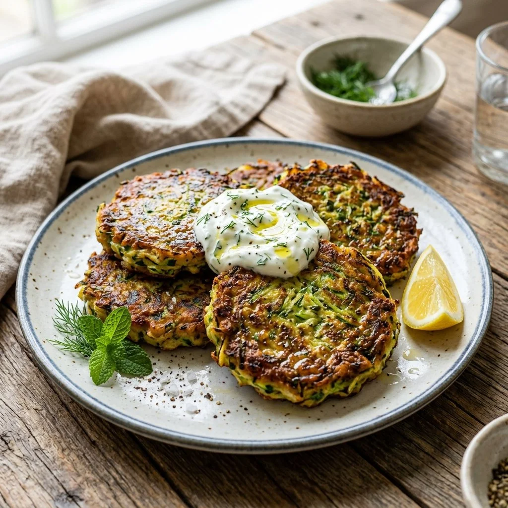 Crispy and delicious zucchini fritters served on a plate with a dipping sauce