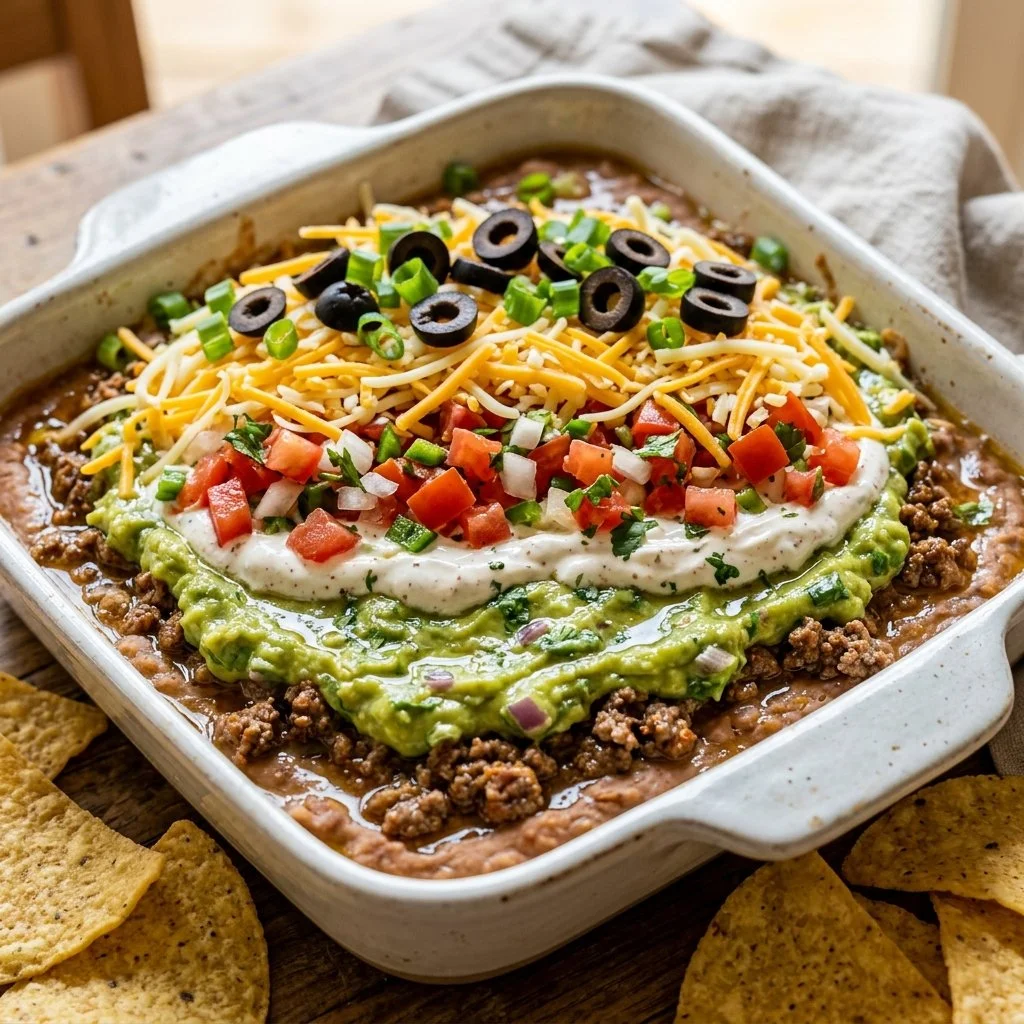 Delicious 7 Layer Dip with colorful layers of ingredients served in a dish.