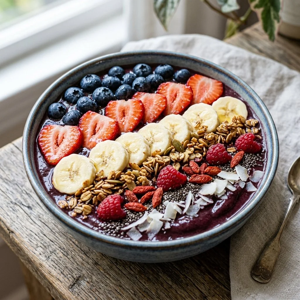 Delicious Acai Smoothie Bowl topped with fresh fruits and granola