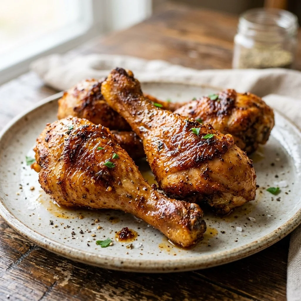 Crispy air fryer chicken drumsticks on a plate with herbs and spices