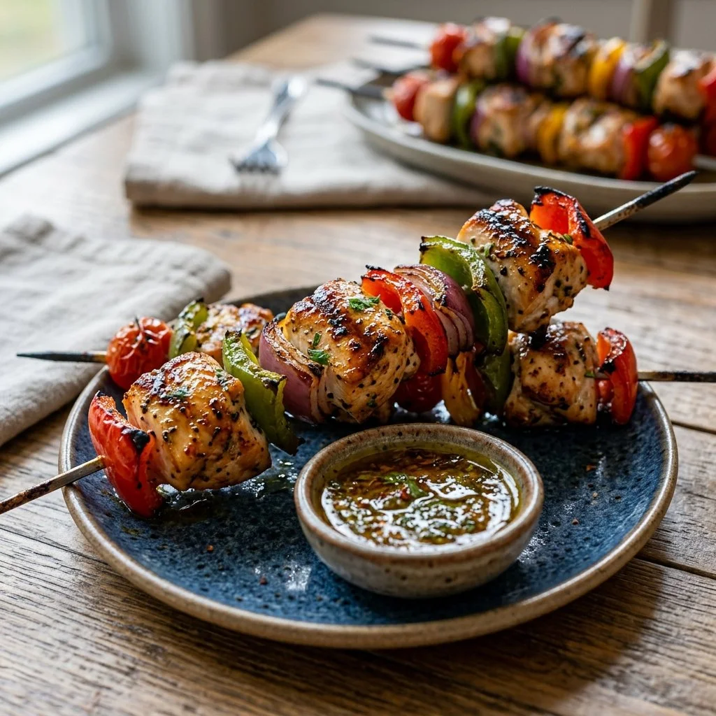 Delicious Air Fryer Chicken Kabobs garnished with vegetables