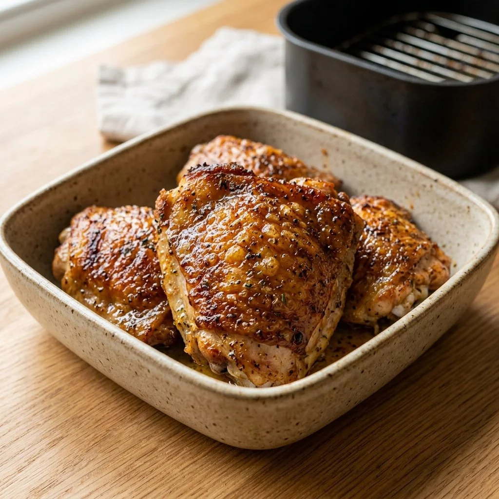 Crispy air fryer chicken thighs served on a plate with herbs